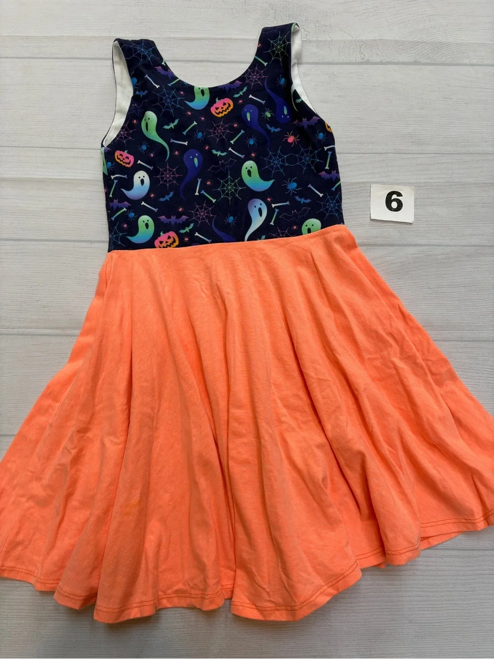 Malia and Kai Navy Ghost Print Bodice with Bright Orange Skirt Dress
